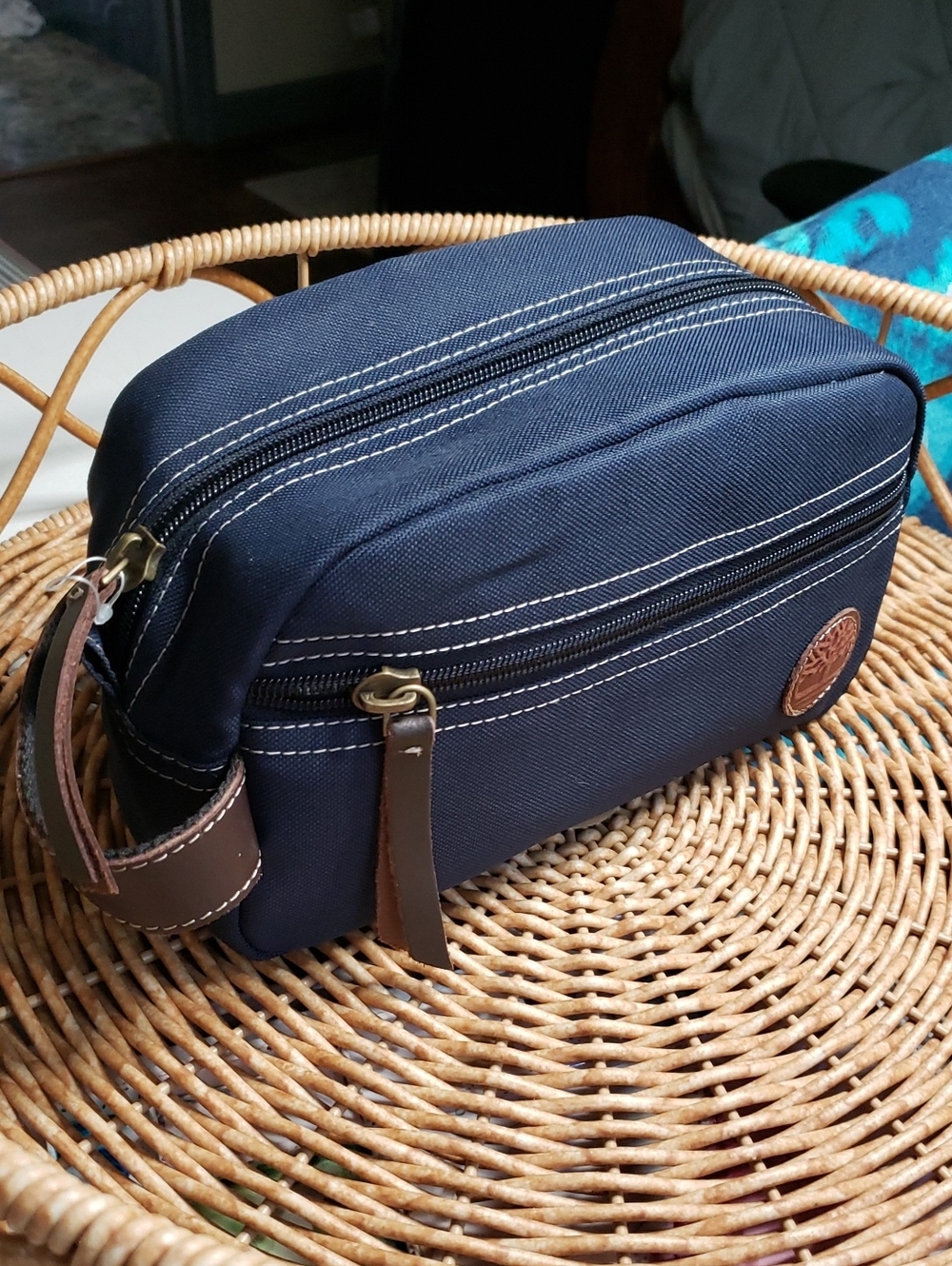 Timberland Navy Canvas Toiletry Kit with Brown Leather Accents
